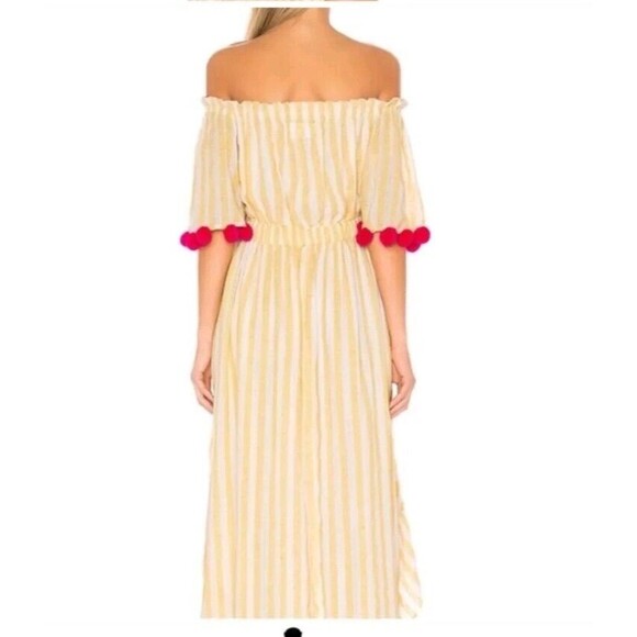 Revolve Sundress Alena High Low Off Shoulder Dress Yellow Stripe Pom Pom M/L - Picture 3 of 14